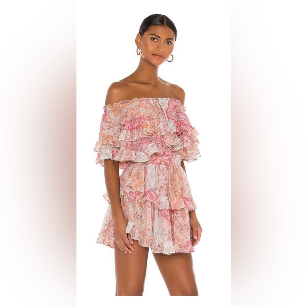 Misa Los Angeles Strapless Ruffle Dress in Pink and Orange